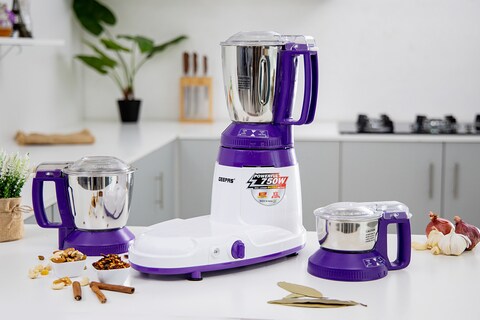 Geepas 750W 3-in-1 Mixer Grinder - Multifunctional Grinder with Stainless  Steel Jars & Blades - 3 Speed, Safety Twist Lock - Perfect for Dry & Wet  Fine Grinding Mixing Juicing - 2 Year Warranty