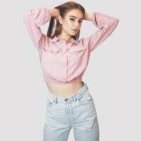 KIDWALA Size L,  Women&#39;S Tops, Tees &amp; Blouses Pink Cropped Front Two Pocket Bomber Jacket Elastic Waistband &amp; Wristband Blouse With Collar Neckline With Long Sleeve, Buttons Up Top, Crop Top