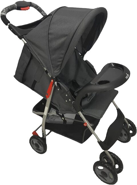 Moon Bezik One Hand Fold Travel Stroller/Pram Suitable For Newborn/Infant/Baby/Kids With Dual Tray, Leg Rest, Multi-Postion Reclining Seat Suitable For 0 Months+ (Upto 24 Kg), Black + Grey Dots
