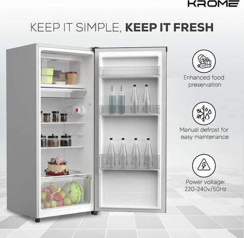 Krome 220L Single Door Refrigerator, Environment Friendly, Reversible Door, Best Compact Small Fridge For Mini-Bar, Kitchen, Home Or Office, Silver, KR-RDC220H