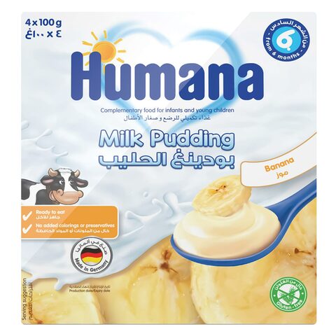 اشتري هيومانا بودينغ الحليب تحلية بالموز للأطفال إبتداءا من 6 شهور 100 غرام حزمة من 4 في الامارات