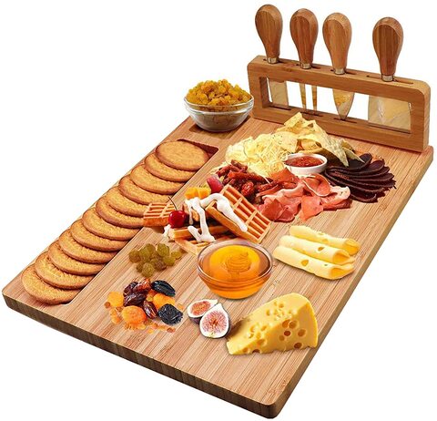 Aiwanto Bamboo Cheese Board Set Serving Meat Platter 4 Stainless Steel Cheese Knives