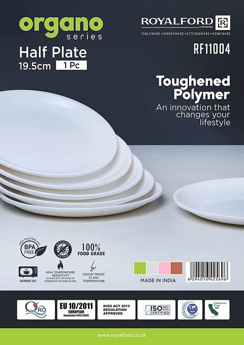 Royalford Half Plate, High Temperature Resistivity &amp; Sturdy, RF11004, Toughened Polymer, Odour Proof At Any Temperature, Anti-Bacterial &amp; Anti-Fungal, Bpa-Free