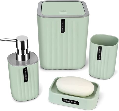 Generic Bathroom Accessory Set - 4 Piece Grey Bathroom Accessories Set With Trash Can, Soap Dish, Soap Dispenser, Toothbrush Cup, Bathroom Decor Sets With Desktop Small Trash Can - Green Stripe