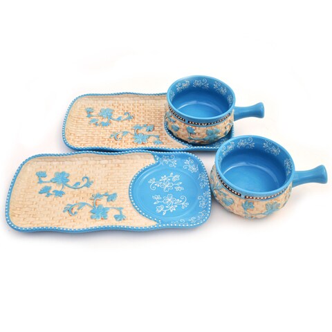 temp-tations Floral Lace Basketweave Bowl &amp; Appetizer Plate Set - 4 Piece - Light Blue