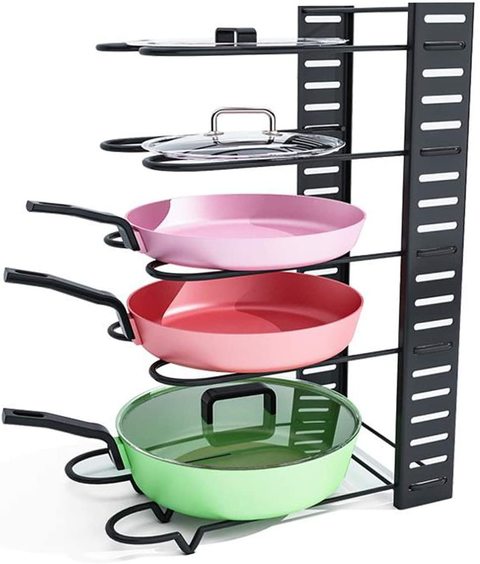 Doreen Expandable Pan Rack Organizer with Knife Holder,7+Adjustable Pot Lid Holders Bakeware Rack,Kitchen Cookware Pantry Cabinet Storage Rack with 7 Expandable Adjustable Dividers (Black)
