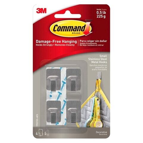Command 17031SS-4ES Stainless steel metal hooks, small, Silver color. 4 hooks and 5 strips/pack