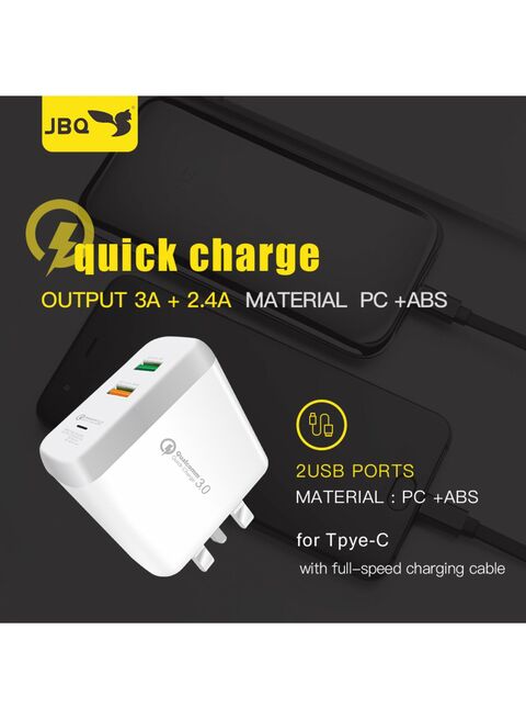 JBQ F-2USB Qualcomm Quick Charge 3.0 Travel Charger Dual USB 3.4A+3.1A Output Quick Charge With Type-C USB Cable, White