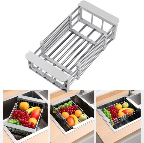Retractable Dish Drying Rack, Telescopic Sink Drain Basket, Stainless Steel Kitchen Sink Storage Basket Drain Holder, with Adjustable Armrest, for Fruits, Vegetables, Dishes Drainer (S)