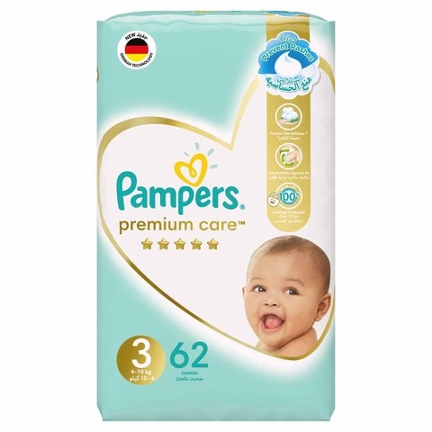 Pampers Premium Care Taped Diapers, Size 3, 6-10 kg, Mega Pack, 62 Diapers&nbsp;