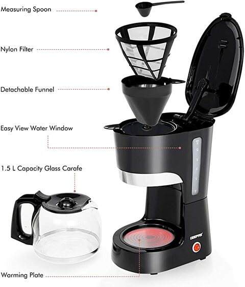 Geepas 1.5L Filter Coffee Machine &ndash; 1000W Coffee Maker For Instant Coffee Espresso Macchiato - Anti-Drip Function, On/Off Switch With Light Indicator &ndash; High Temperature Glass Carafe - 2 Year Warranty