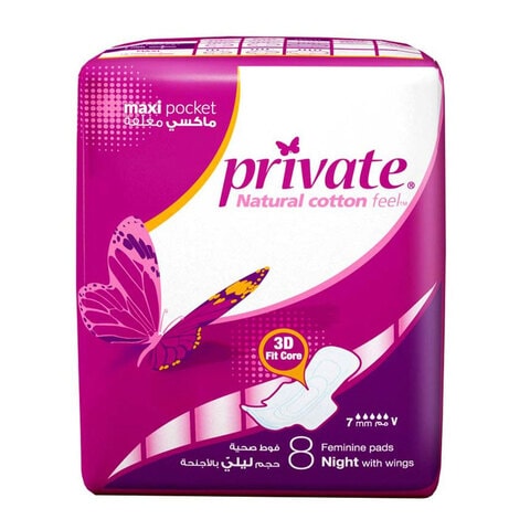 Private Women Pads Maxi Pocket Night With Wings 8 Pads