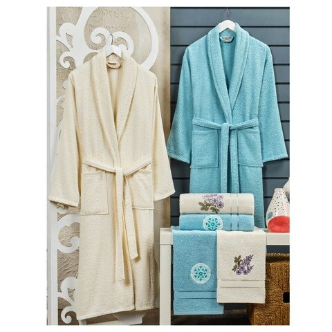 SIX PIECE COTTON BLUE AND WHITE BATHROBE SET