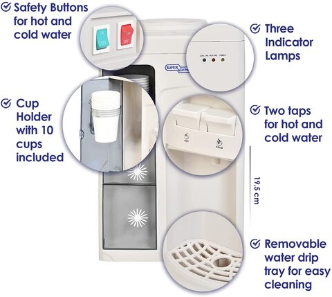 Super General Counter-Top Hot And Cold Water Dispenser, Water-Cooler With Cup-Holder, Instant-Hot-Water, 2 Taps, Sgl-1131, White/Grey, 31.2 X 32.5 X 51 cm, 1 Year Warranty