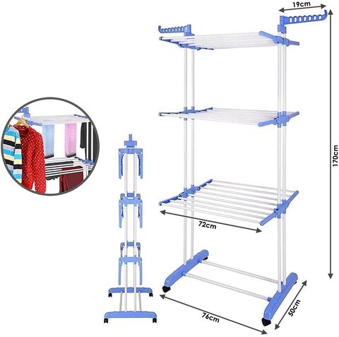 Cloth Drying Rack Carbon Steel Full Size Heavy Duty Double Pole 3 Layer Cloth Drying Stand, Laundry Rack Stand, Blue