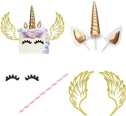 Generic Cake Topper Kit, Unicorn Birthday Decorations, With Eyelashes Reusable Gold Horn And Wings Unicorn, Party Supplies For Birthday Party Wedding Baby Shower