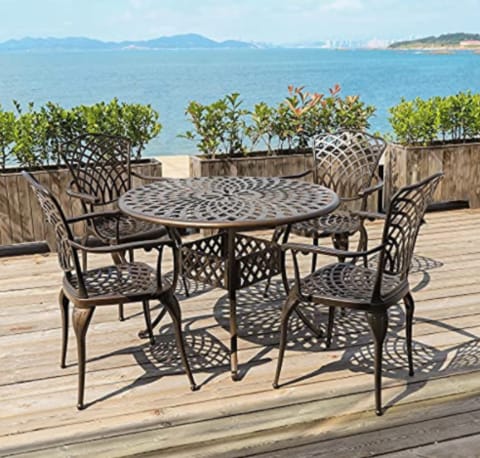 Yulan Outdoor Furniture Set, Cast Aluminum Table and Chairs for Patio or Deck (5-Piece Set) (Brown YL-21007-409)