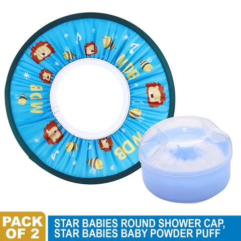 Star Babies - Adjustable Kids Shower Cap With Kids Powder Puff - Pack of 2 - Blue