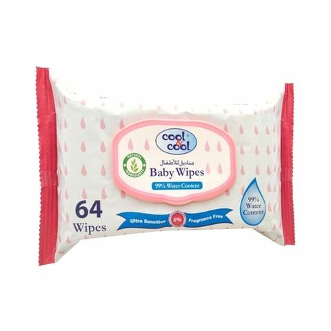 Cool &amp; Cool 99 Percent Water Content Baby Wipes White 64 Wipes Pack of 3