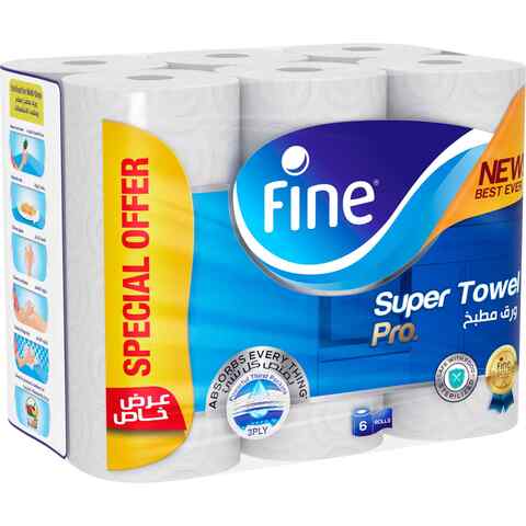 Fine Super Towel Pro Highly Absorbent Sterilized &amp; Half Perforated Kitchen Paper Towel 3 Plies Special Offer Pack of 6 Rolls. New &amp; Improved