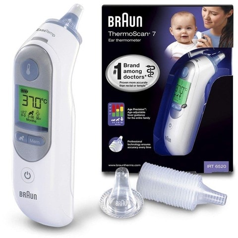 Braun ThermoScan 7 Ear Thermometer IRT 6520 With Age Precision Colour Coded Display 21 Caps Included - Black