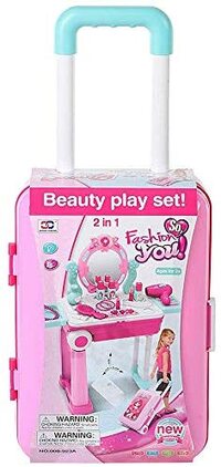 2 in 1 Pretend Play Kids Vanity Table and Chair Beauty Mirror and Accessories Play Set with Trolley Fashion  Makeup Accessories for Girls
