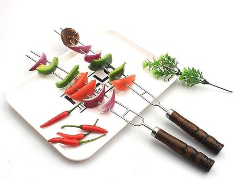 Grilling Needles Steel Skewers, U Shape Toasting Fork, Re-usable BBQ Roasting Stick with Wooden Handle for Shish Kebab (3 Pcs)