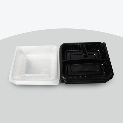 COSMOPLAST 50PCS DARK MEAL TRAY WITH LID 3 COMPARTMENTS (PACK OF 5) 5x10
