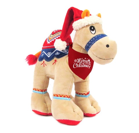 Caravaan, Cuddly Beige Christmas Camel With Bright Detailed Embroidery And Cute Santa Hat With Merry Christmas Print On Red Bandana, Size 18cm