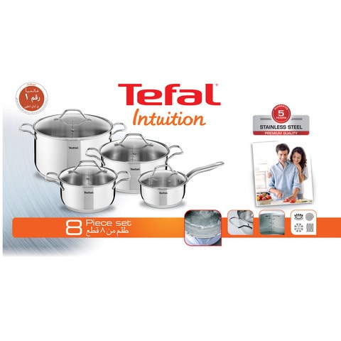 Tefal Intuition Stainless Steel Cooking Set Silver Pack of 8