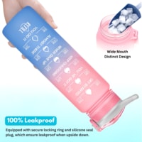 HEXAR&reg; 1L Leakproof Motivational Sports Water Bottle with Straw &amp; Time Marker, Flip Top Durable BPA Free Tritan Non-Toxic Frosted Bottle Perfect for Office, School, Gym (Single Pack, Pink &amp; Blue)