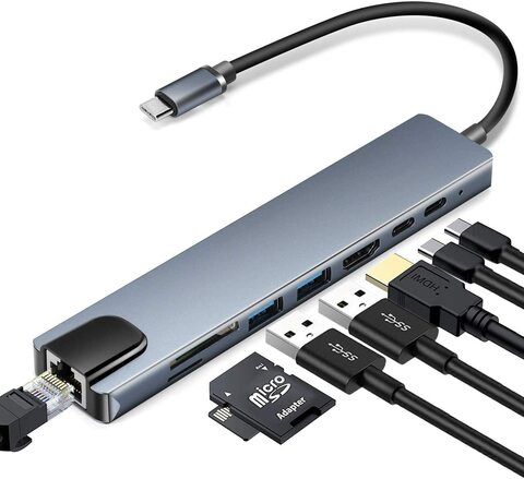USB Hub Type C (6 in 1 Multifunction Adapter for MacBook & Windows) / USB Docking Station / 4K HDMI, HDTV, SD/TF card, RJ45, USB C