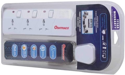 Pan Emirates Oshtraco 3 Way Universal Extension Socket With 2M Wire, White