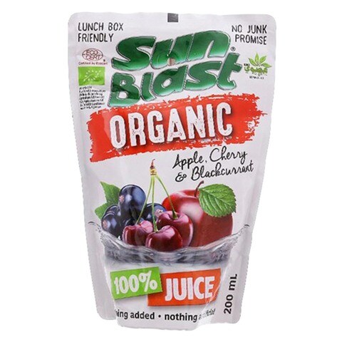 Sun Blast Organic No Added Sugar Apple Cherry And Blackcurrant Juice 200ml Pack of 10