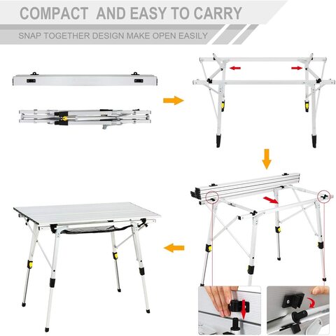 Folding camping table store with adjustable legs