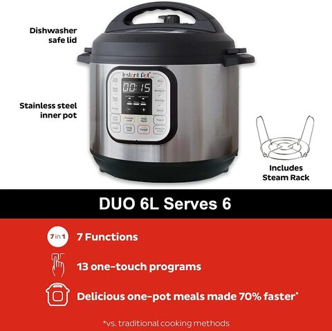 Instant Duo6, 5.7L 6Quart, 7 In 1 Electric Programmable Pressure Cooker, Multicooker, 13 Smart Programs, Stainless Steel Inner Pot, Advanced Safety Protection, Inp 112 0027 01, Black &amp; Stainless Steel