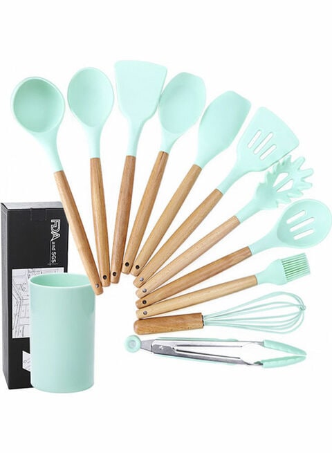 Generic 12-Piece Barreled Cooking Utensils Set With Wooden Handle Multicolour 36.5X12X10Cm