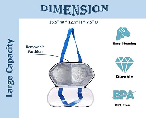 Insulated Reusable Tote Bag with Zip Closure &amp; Transparent Lid for Picnic, Traveling, Shopping, Grocery &amp; Food Carrier (Blue)