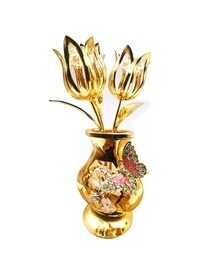 24k Gold Plated Flowers Bouquet and Vase w/Red &amp; Clear Crystals   24k Gold-Plated Table Top Decorations   Metal Floral Arrangement   Elegant Home or Office D&eacute;cor