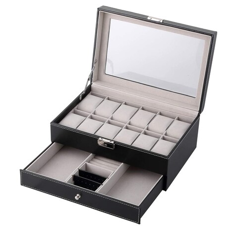 Generic-CK828 12 Slots Watch Case Watch Organizer with Jewelry Drawer for Storage and Display