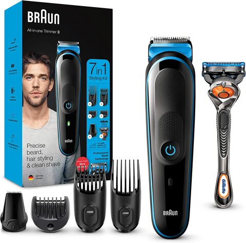 Braun MGK 3245 All-in-one Trimmer 7-in-1 Beard Trimmer, Hair Clipper, Detail Trimmer, Rechargeable, with Gillette ProGlide Razor, Black/Blue