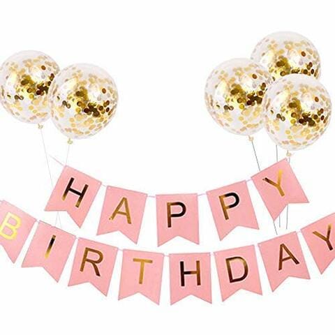 GrandShop 50670 Balloons with Golden Colored Pre-Filled Confetti and Pink Colored Happy Birthday Banner Combo