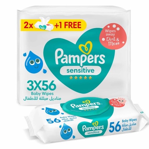 Pampers Baby Wet Wipes,  Sensitive Protect,  3 Packs x56, 168 Wipes