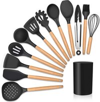 Rubik Kitchen Utensils Silicone 11-Pieces Spatula Set with Organizer Cup Holder, Non-Stick Non-Toxic Cooking Tools Includes Tongs, Spatula, Turner, Ladle and More (Black)