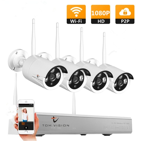 Tomvision - 4Channel P2P CCTV Wireless Security Surveillance KIT with 4CH WIFI NVR 4PCS Outdoor Waterproof Bullet 1080P Camera IR Night Vision complete Kit