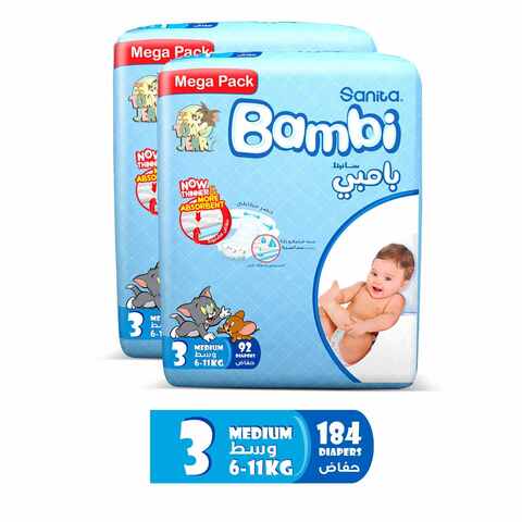Sanita Bambi Baby Diapers Mega Pack Size 3  Medium  6-11 KG  92 Count twin pack
