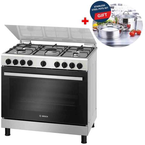 Bosch Gas Cooker HGV1E0U50M 90x60 Cm  + Free Cooking Set (Plus Extra Supplier&#39;s Delivery Charge Outside Doha)