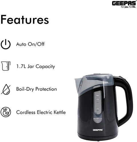 Geepas 1.7L Cordless Electric Kettle | Safety Lock, Boil Dry Protection &amp; Auto Shut Off Feature | Fast Boil &amp; Ease To Clean | Ideal For Hot Water, Tea &amp; Coffee Maker | 2200W - 2 Year Warranty