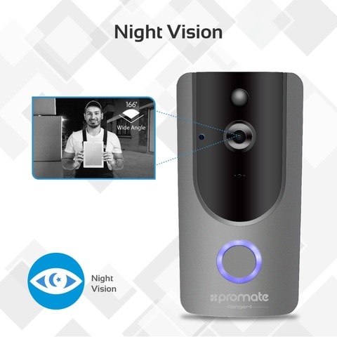 Promate Wi-Fi Video Doorbell, Wireless 166 Degree Wide Angle HD Camera with Two-Way Audio Support, Motion Detection, Night Vision, Micro SD Card Slot and Built-In Mic for Home, Office, Outdoor, Ranger-1