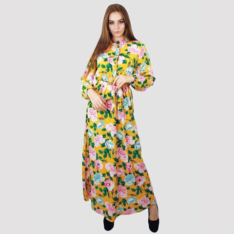 KIDWALA Size M, Women&#39;S Long Dress, Floral Print With Front Tie Knot, Long Sleeves, Closed Neck Yellow, Pink &amp; Green &amp; Blue Vintage Dress